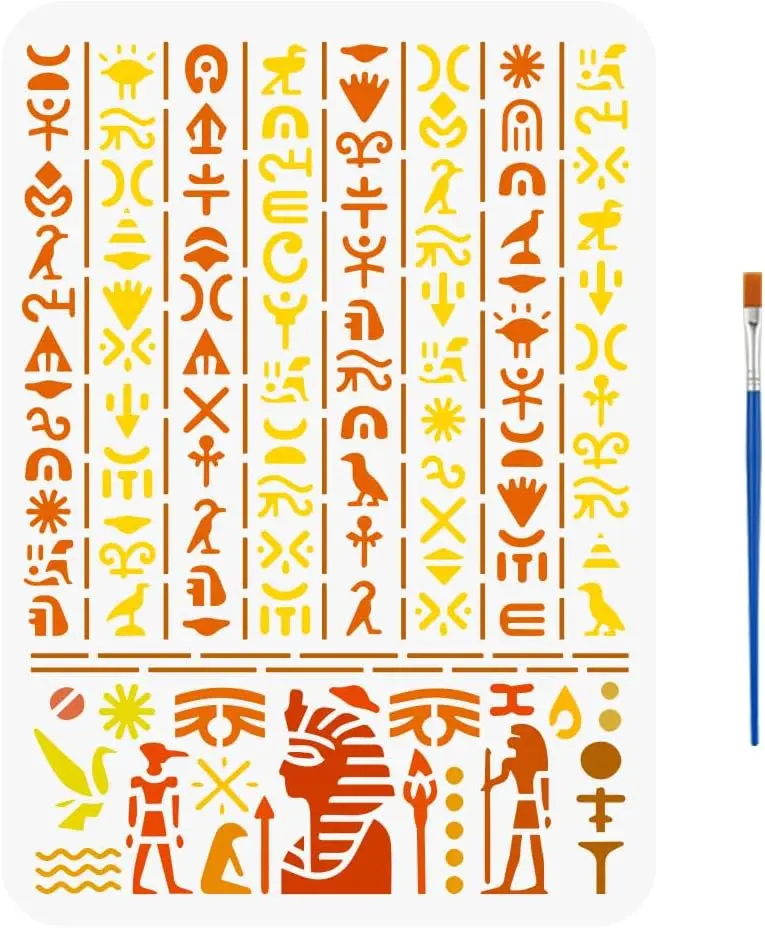 

Трафарет древнего египетского письма с кистью 11,7x8,3 дюйма, трафарет с египетским символом, иероглифы, трафарет для рисования египетских