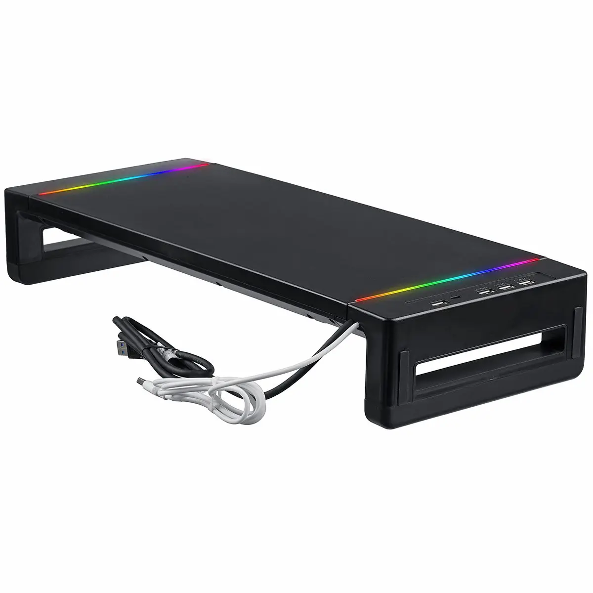 RGB Monitor Stand Riser Desk Support 3 USB3.0 Keyboard Mouse Storage Shelf Screen Rack with Charging Cable Drawer Phone Holder images - 6