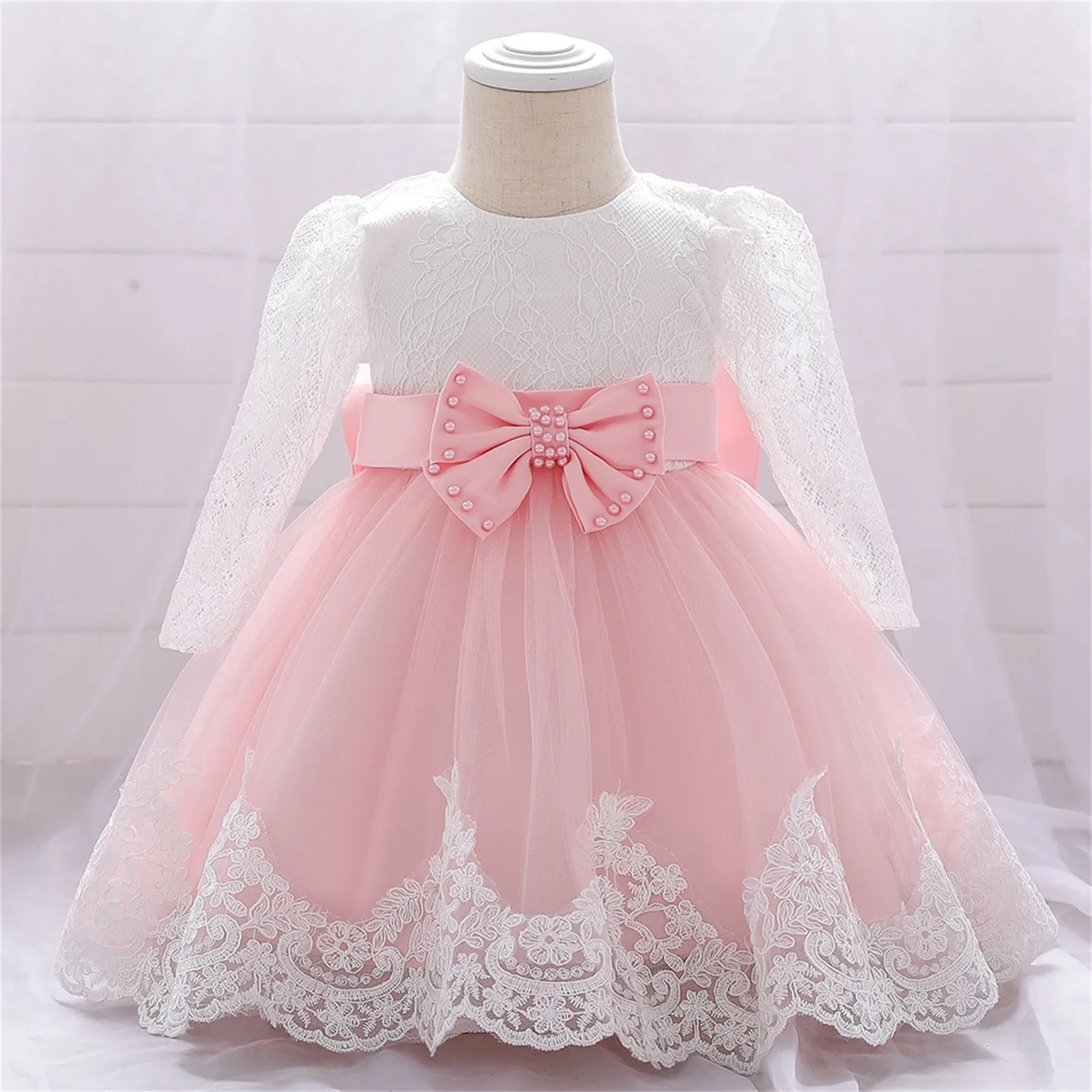 

Infant Baby Girls Ruffle Long Sleeve Lace Bowknot Flower Dresses Pageant Party Wedding Princess Dress Girl Skirt