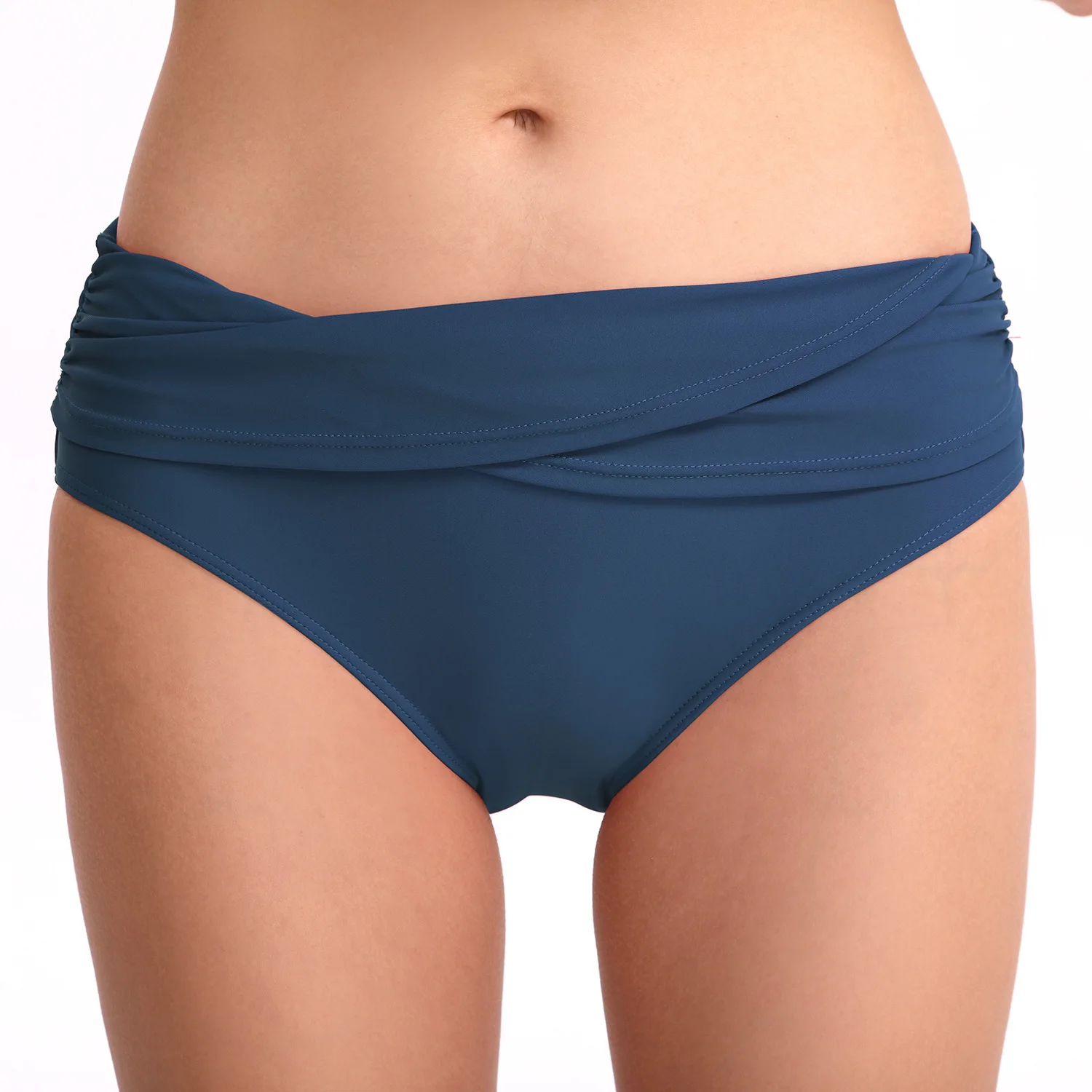 

New Swim Trunks Women's Briefs Solid Color Sexy Hip Lifting Slimming Pleated Mid-Waist Swimming Trunks