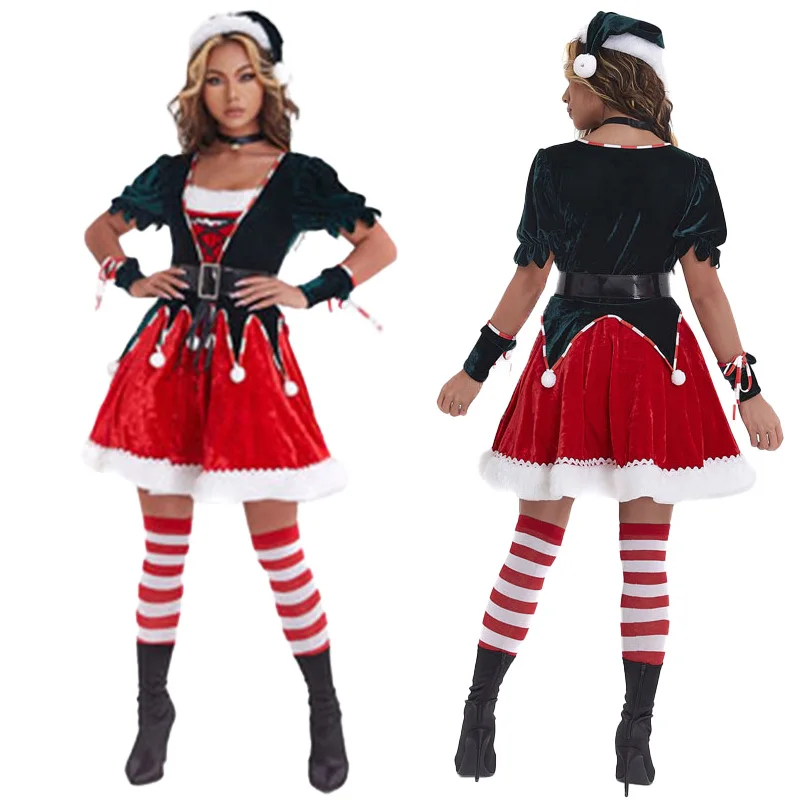 

Красно-зеленая шляпа со сращением, роскошный наряд, мини-платье, рождественские костюмы, Маскировка для взрослых и женщин, сценический костюм для карнавала