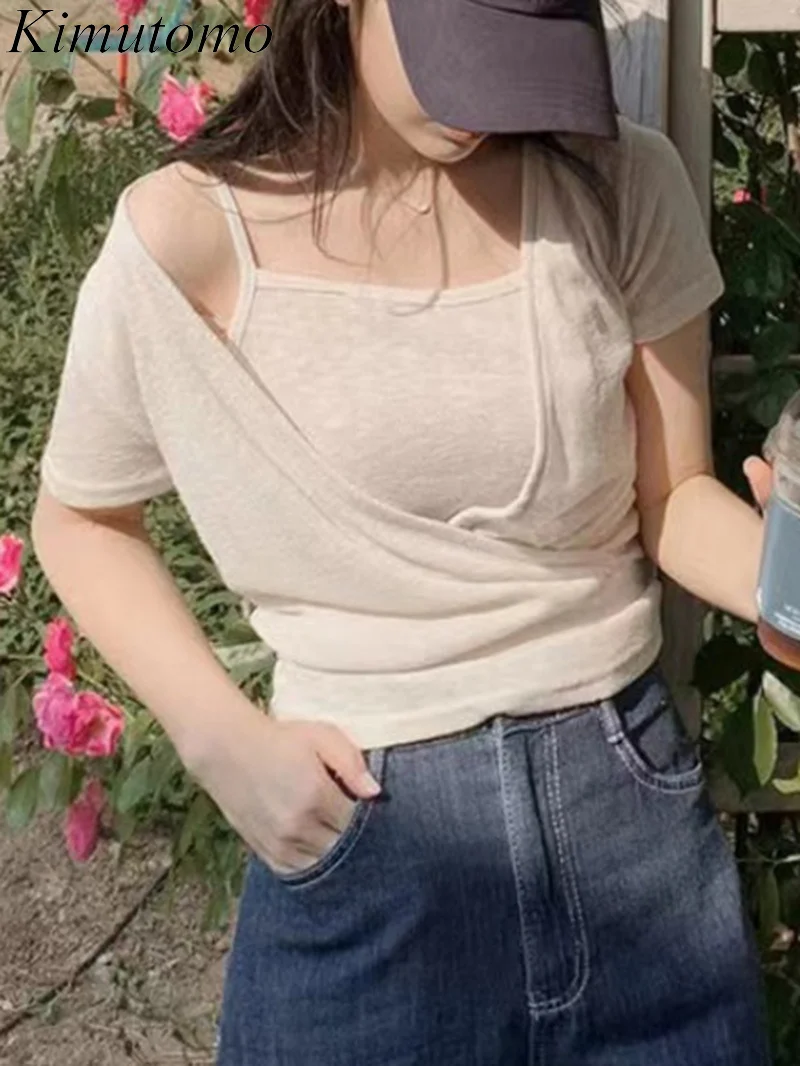 

Элегантный Свободный вязаный костюм Kimutomo из двух предметов, Женский Нежный Однотонный пуловер с V-образным вырезом и перекрестными бретель...