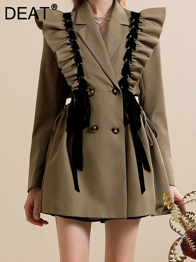 

DEAT Fashion Women's Blazer Notched Collar Double Breasted Folds Ruffles Hollow Out Waist Suit Jackets Autumn 2023 New 17A4810