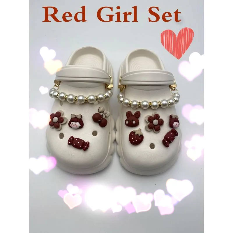

Croc Charms Pack Red Girl Set Pearl Chains Set Lovely Clogs Jeans Cute Decoration Beautiful Accessories Kids Boys Girls Gifts