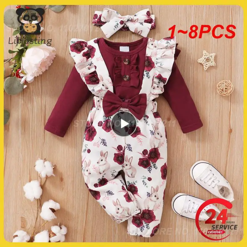 

1~8PCS Prowow Baby Girls Clothes Outfit Sets Long Sleeve Red Rompers+Floral Overalls Pants+Headband Newborn Baby Birth Sets For