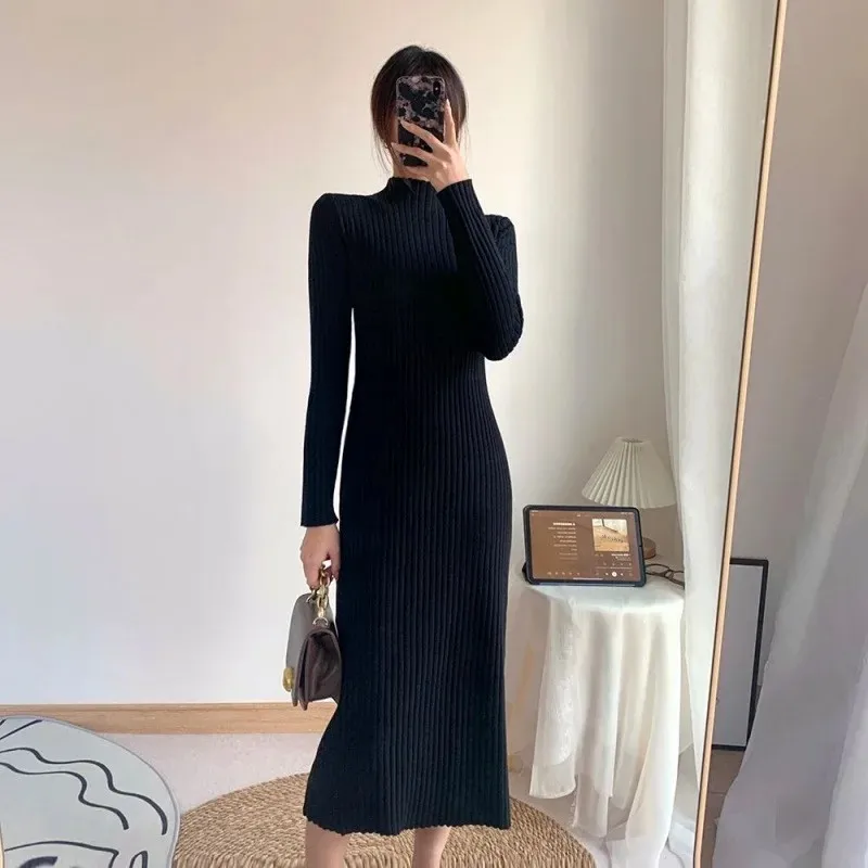Осенне-зимнее вязаное платье свободного кроя с длинными рукавами женский свитер