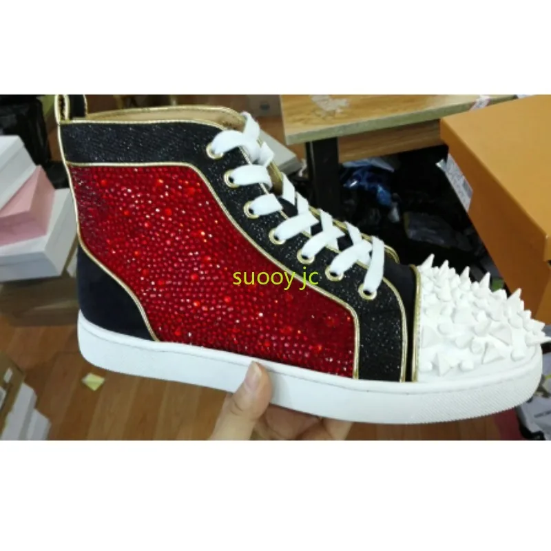 

High Top Sneakers White Gold Spikes Studded Red sole shoes Casual Style Round Toe Tenis Masculine New Brand Designers Chaussures