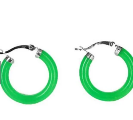 

30mm green Jade 925 Silver Ring Hoop Leverback Earrings