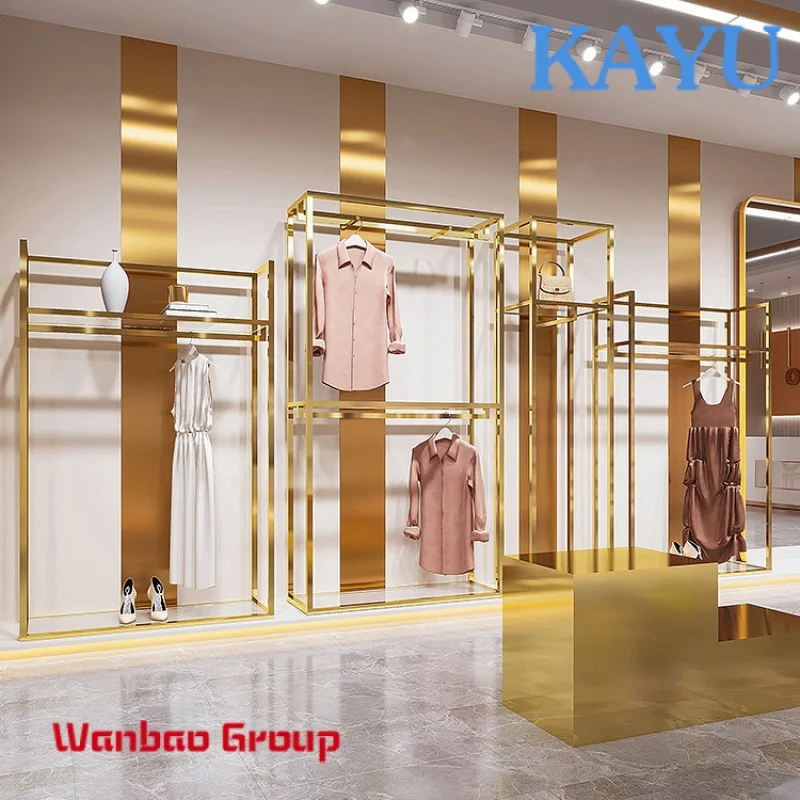 Custom Stainless Steel Boutique Gold Clothing Racks Garment Metal Shelf Women Store Dress Display Stands for Clothes Shops