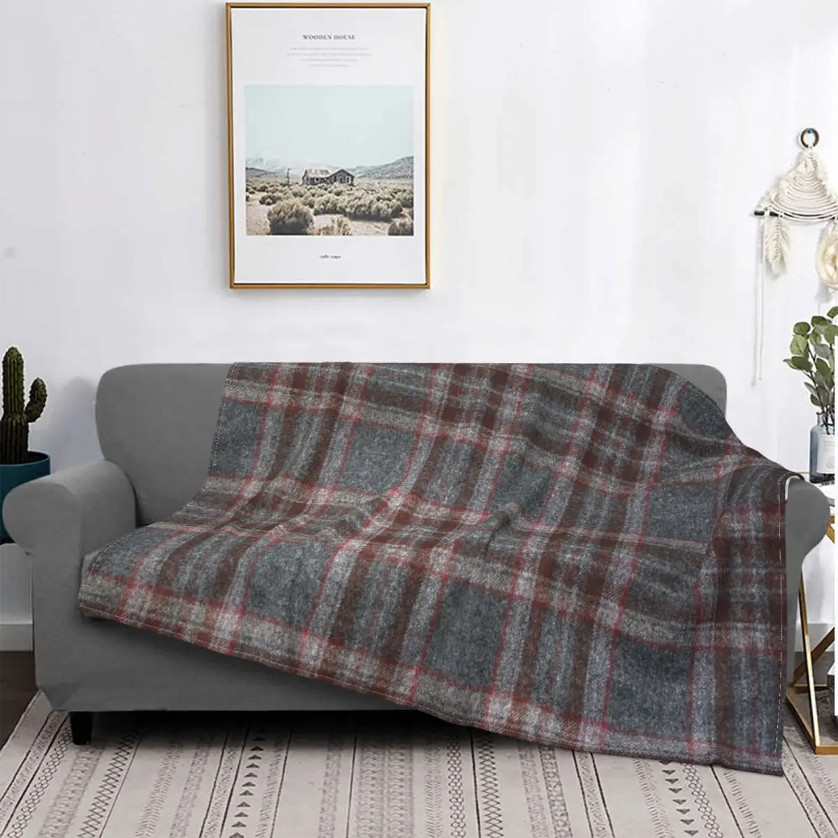 Серо-красное клетчатое тартановое одеяло мягкое Фланелевое флисовое теплое