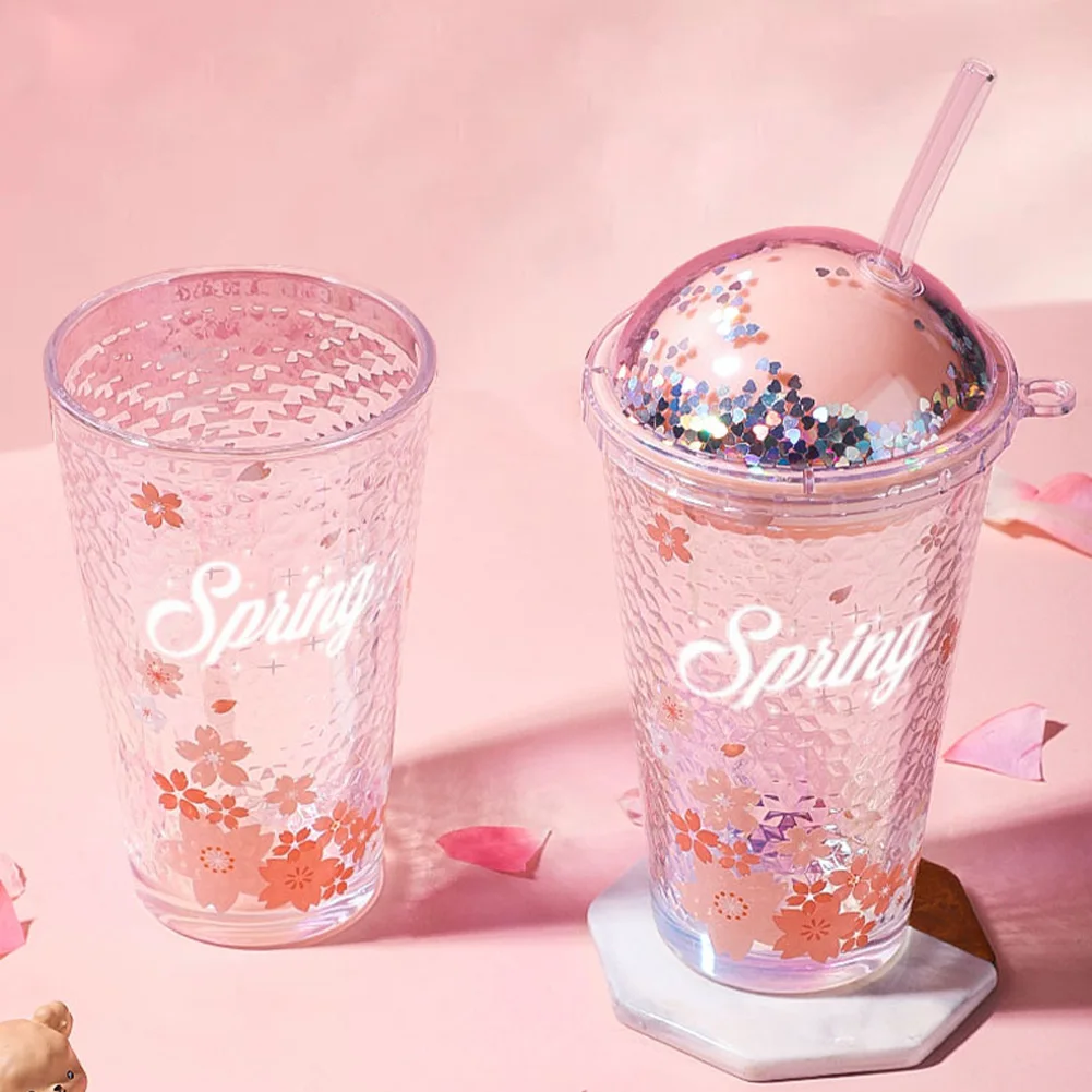 

Girls Cute Cherry Blossom Glass Graduated Cup Glass Water Drinking Glass Cups For Hot Cold Beverage Shiny With Straw With Lid