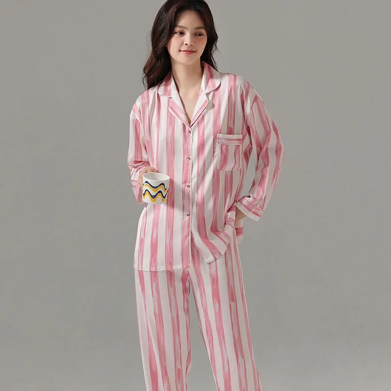 Spring and Summer Pajama for Women's Four Seasons Oil Painting Long-sleeved Trousers Home Service Suit Casual and Soft Sleepwear