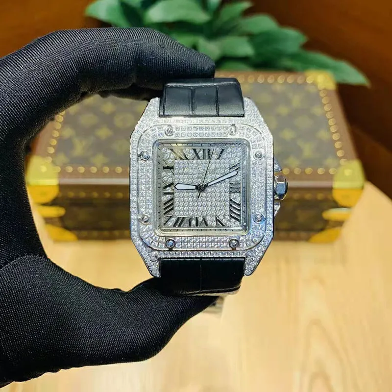 

Luxury Brand Santos Genuine Leather W20073X8 Men Diamonds Mechanical Watches Waterproof Automatic Ladies Wristwatches