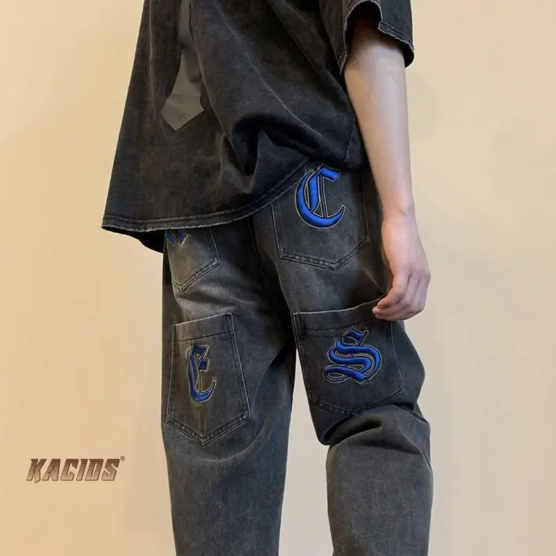 Y2k Emo Men Fashion Streetwear Casual Harajuku Embroidery Letter Hip Hop Jeans Gothic Grunge Trousers Straight Pants Alt Clothes