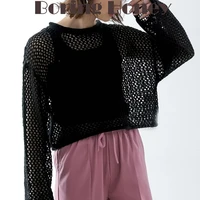 boring honey fashion round collar knitting tops women mesh hollow out short tops retro be all match long sleeves beach crop top