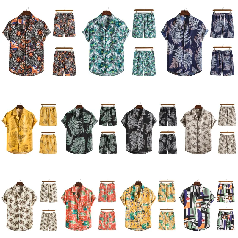 

2022 new summer men's shirt suit suit collar printing short-sleeved beach pants two-piece men's