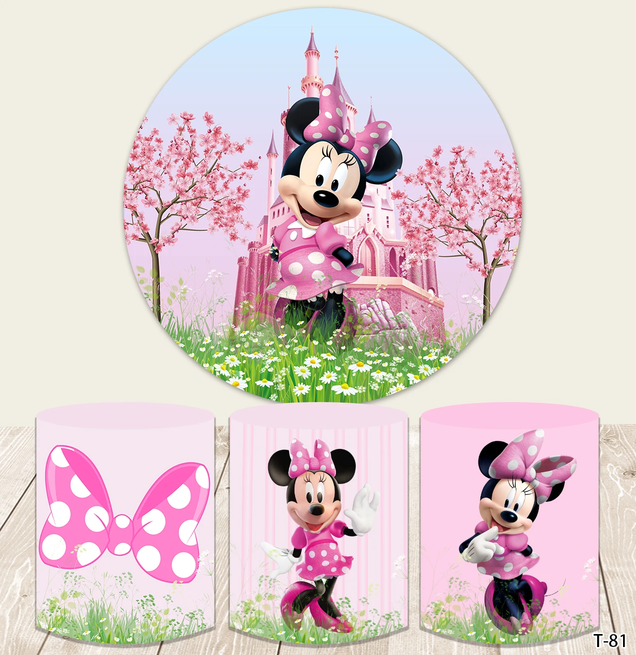

Disney Pink Minnie Mouse Round Circle Backdrop Girls Birthday Party Photography Cylinder Background Party Decorations Covers
