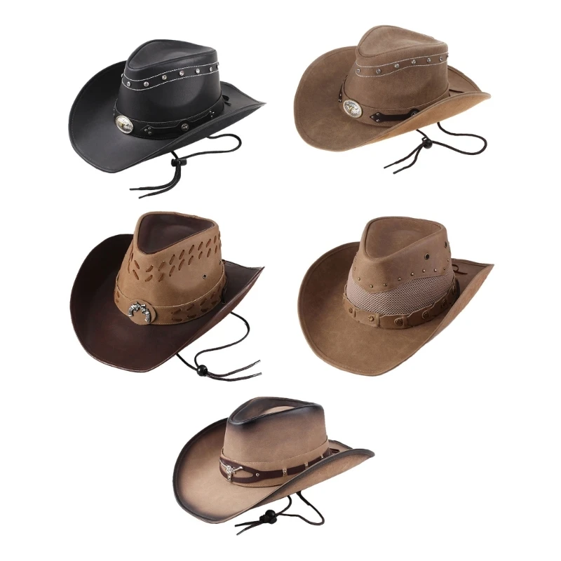 

2023 New Ethnic Style Cowboy Faux Leather Hat for Men Western Cowboy Hat Church Hat Model Show Cowboy Faux Leather Hat Adult Hat