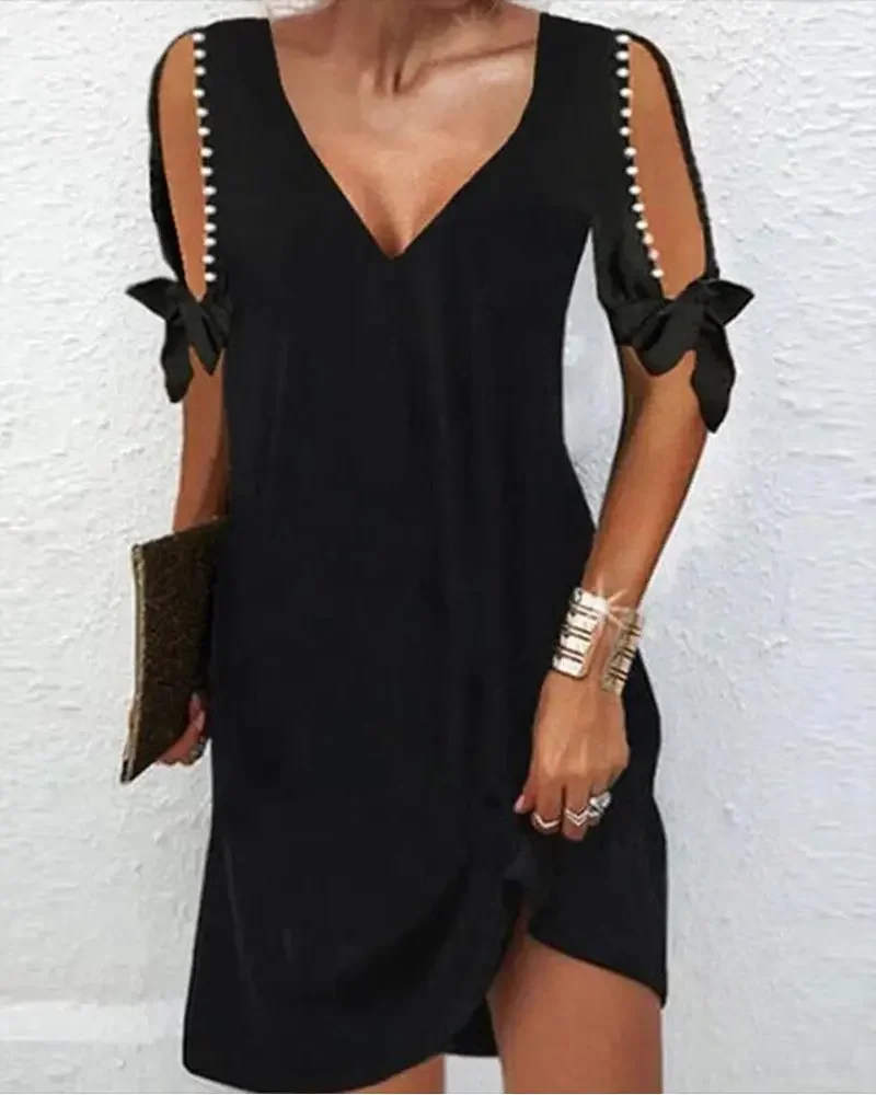 2022 Summer New Ladies Dress Solid Color Beaded Decoration Cold Shoulder Tie Detail Casual Short Sleeve Mini Vacation Dress