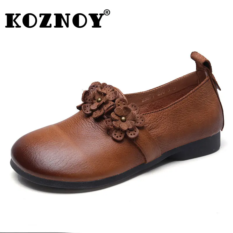 

Koznoy 2cm Ethnic Genuine Leather Summer Artistic Appliques Comfy Slip on Women Soft Soled Flats Designer Novelty Leisure Shoes