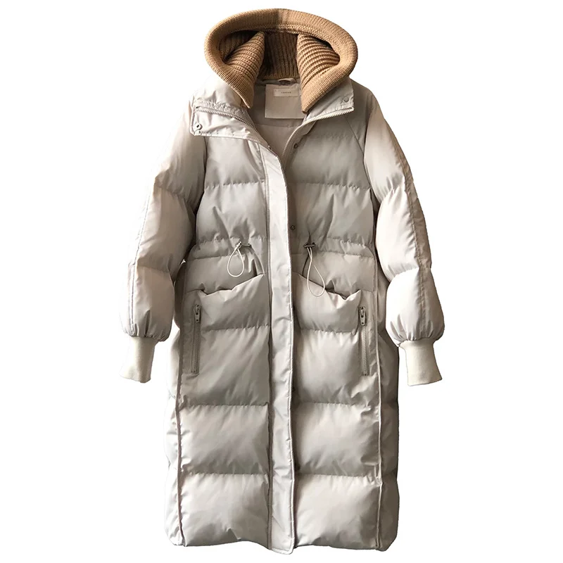 Winter New Cotton Jacket Women's Long Section Jacket Knitted Wool Cap Loose Hundred with Thickened Cotton Jacket Warm Jacket