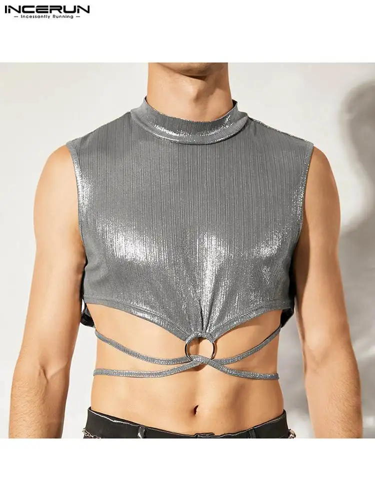 

Casual Stylish Style Tops INCERUN New Men's Sexy Solid Simple Waistcoat Male Small High-neck Metal Buckle Short Vests S-5XL 2022