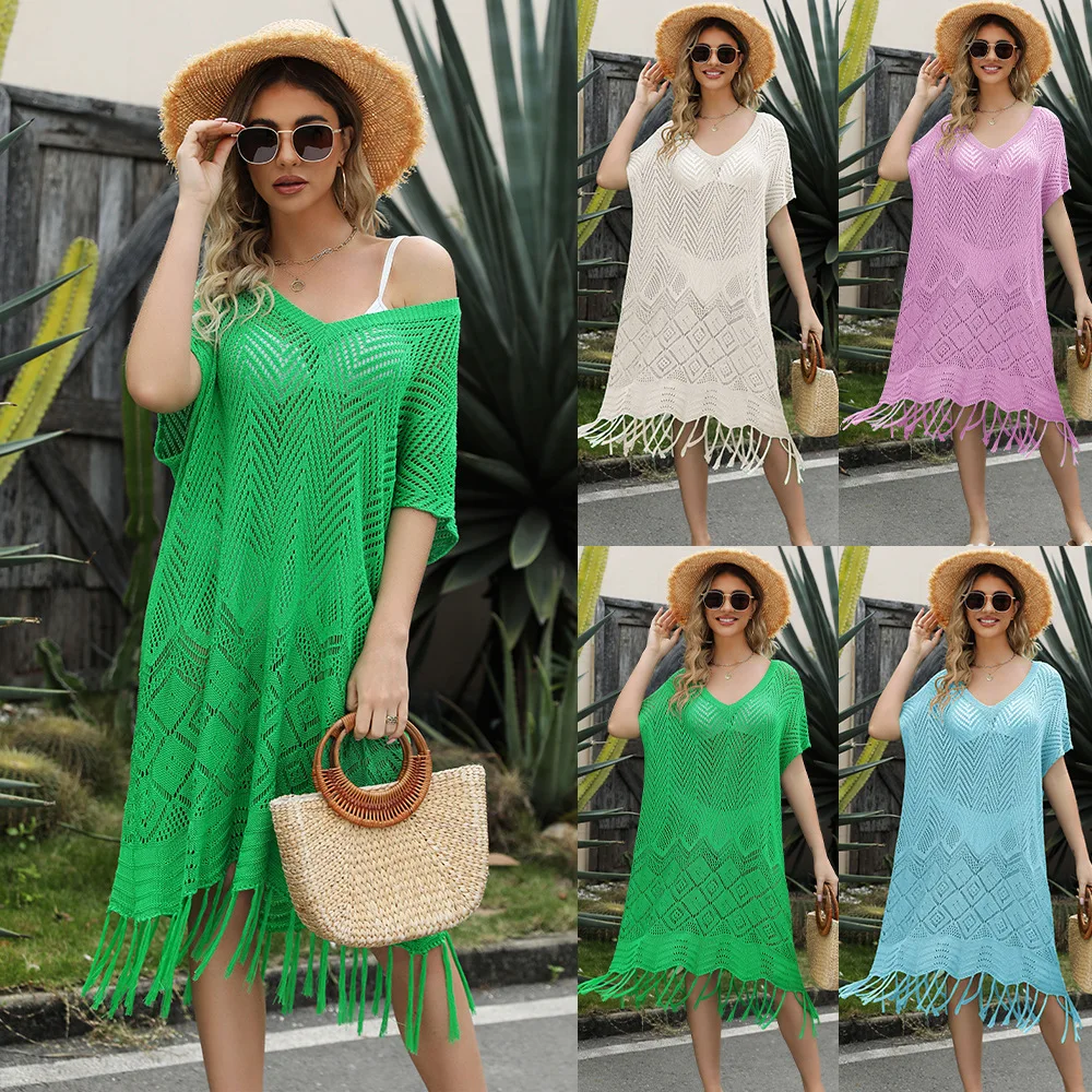 

Beach Dress Tassel Hollow Out Dress Women Spring Summer Sexy Ladies Oversize Dresses Boho Knitted Dresses Vacation Vestido