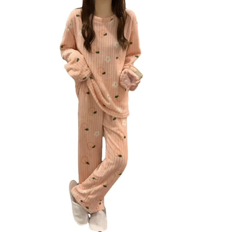 Women Household Clothes Coral Velvet Pajamas Thickened For Warmth In Winter Large Household Clothes 2-Piece Women Warm Jacket