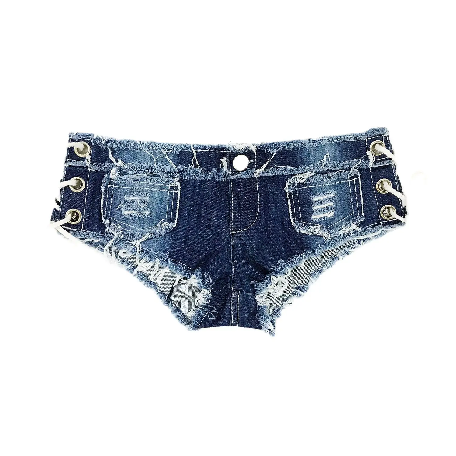 

New Summer Women's Low Waist Jeans Shorts Lace Up Bandage Sexy Hole Thong Pole Dance Shorts Nightclub