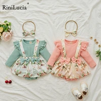 rinilucia 2022 autumn infant baby girls skirt set solid ruffle long sleeve romper floral strap bowknot flower print skirt suit
