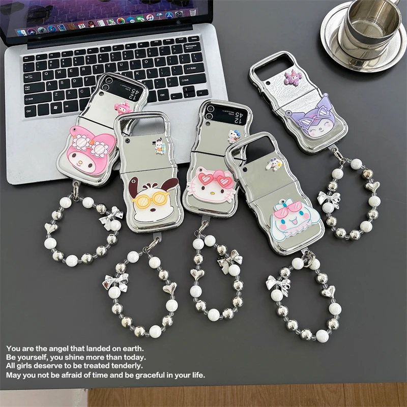 

Cute Sanrio Hello Kitty Kuromi vintage silver Phone Case For Samsung Galaxy Z Flip 3 4 5G ZFlip5 ZFlip4 Flip3 Flip5 Flip4 Cover