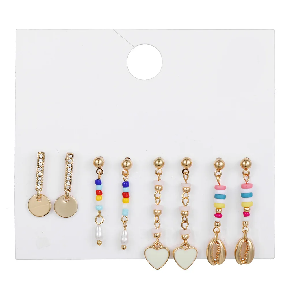 

4PRS/SET Wholesale Handmade Seeds Beads Heart Gold Shell Charms Drop Dangle Earrings for Women Bohemia Summer Beach Earring Gift