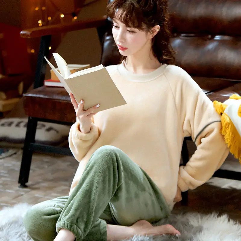 Flannel Pajamas Women's Winter Loose Long Sleeved Warm Cardigan Pijamas Homewear Two-piece Korean Fashion New Cartoon Sleepwear