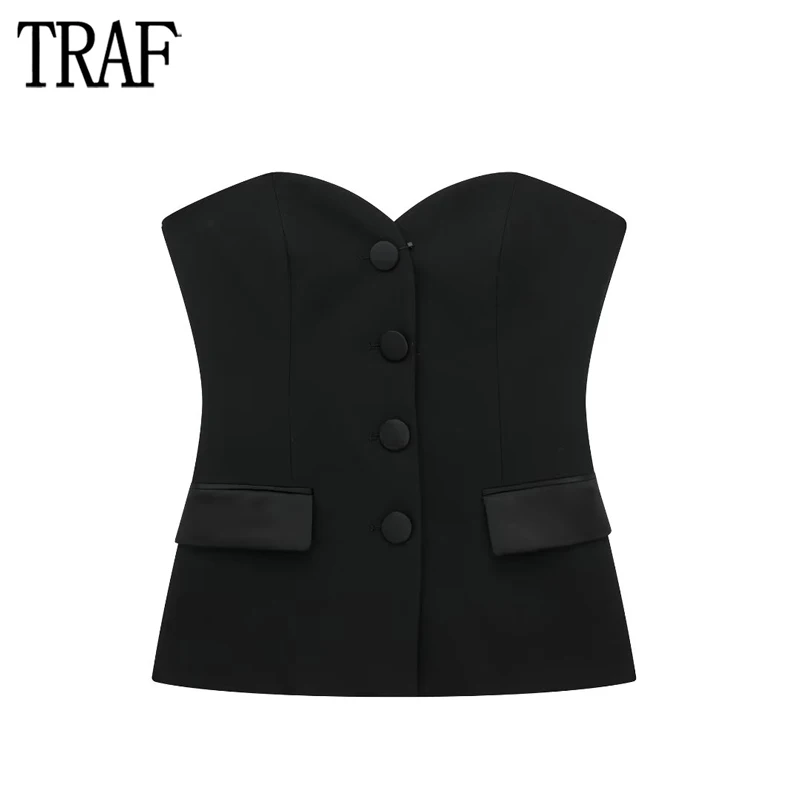 

TRAF Black Satin Bustier Top Woman Corset Crop Top Women Sexy Backless Tube Tops for Women Off Shoulder Button Tank Top Female