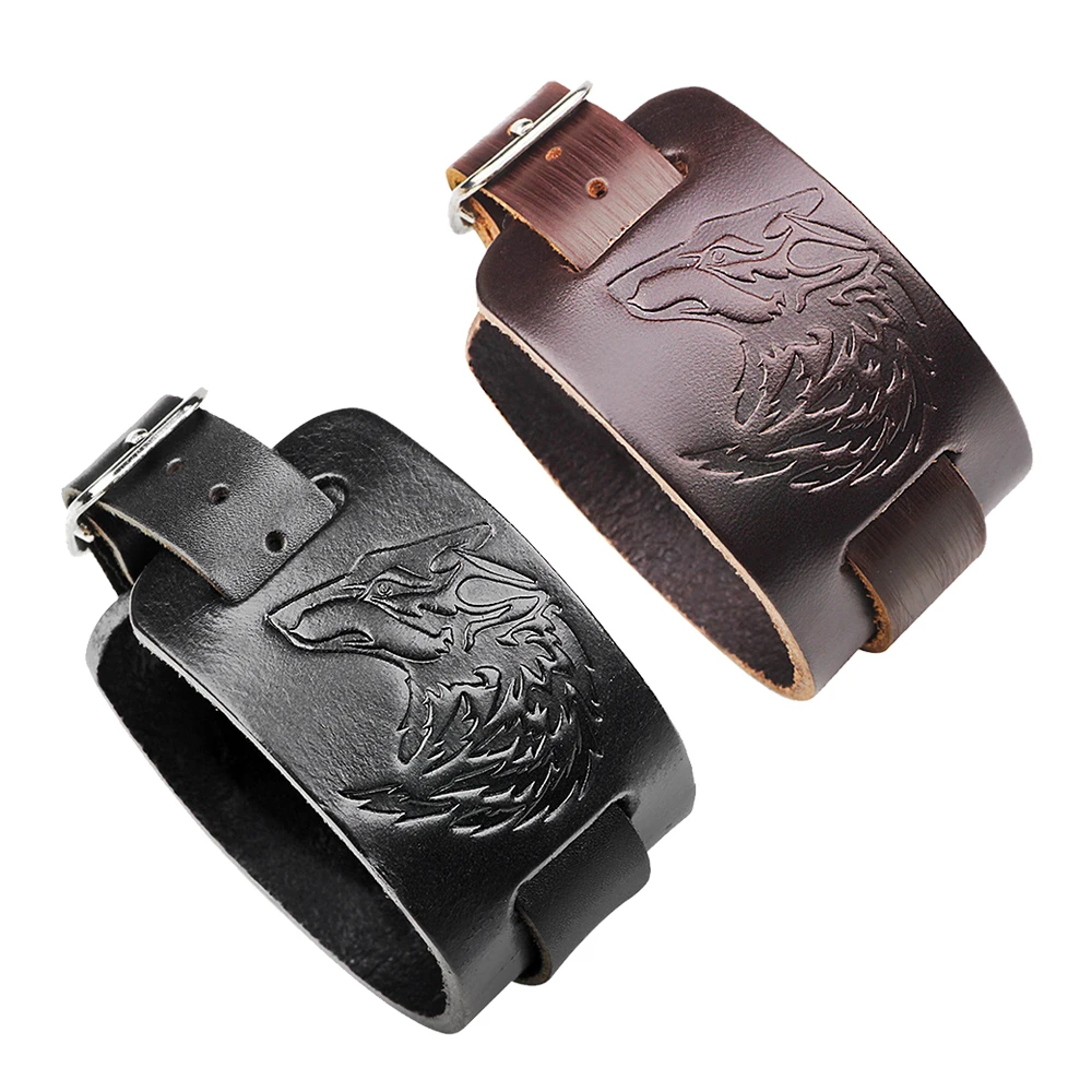

Kirykle Wolf Totem Leather Bracelet for mans Punk black brown Wide leather bracelet adjustable cowhide jewelry Gift for man's