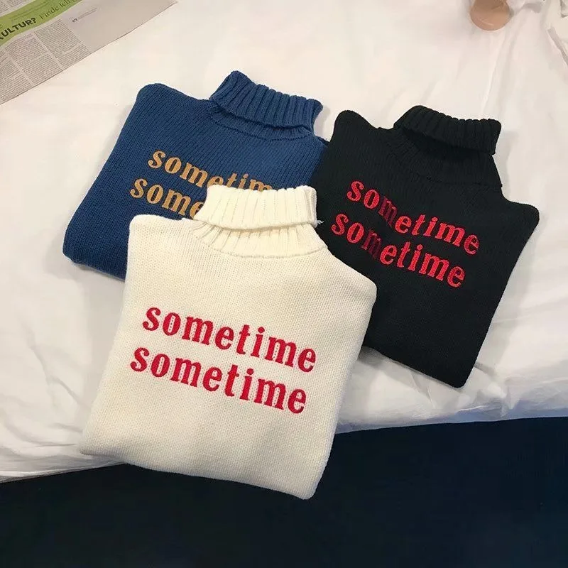 

Oversize Chic Fashion Korean Ulzzang Turtleneck Sweater Women Letter Printed All-match BF Loose 2XL Streetwear Women Harajuku