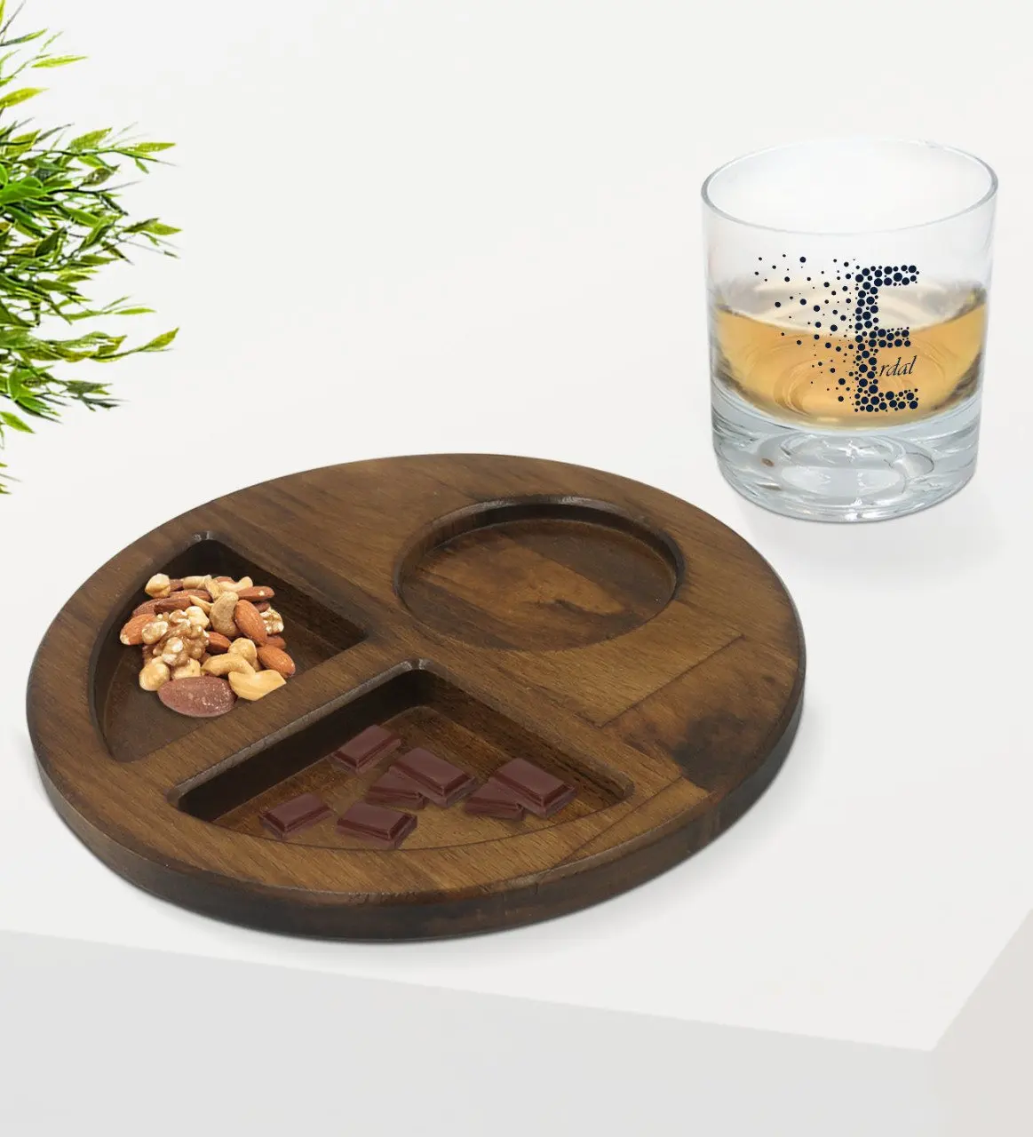 

Personalized Letter İsimli Whisky Cup and Natural Solid Wood Walnut Round Presentation Tabağı Confectionary Gift Seti-5
