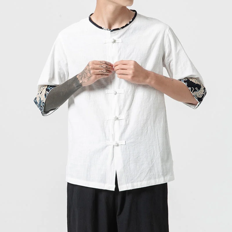 

MrGB Men's Cotton Shirts Vintage Summer Chinese Style Patchwork Short Sleeve Casual Blouses Large Size Male Cardigan Clothing