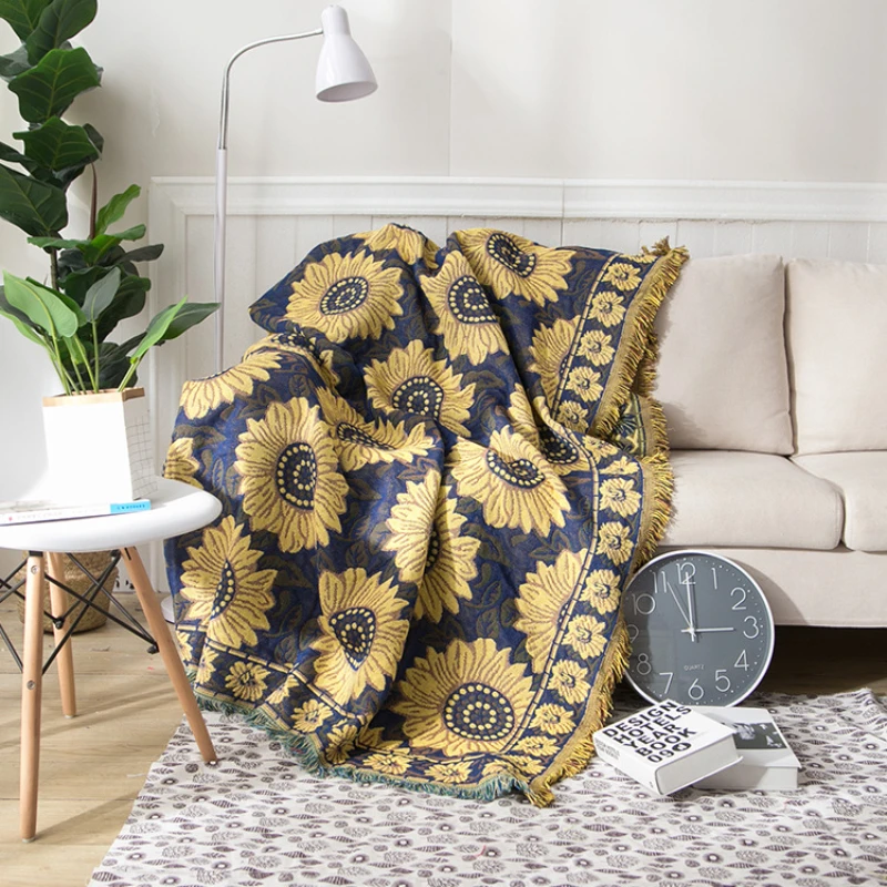 

Textile City European Blue Sunflower Cotton Knitted Nap Sofa Throw Blanket Thicken Pastoral Style Warm Bedspread