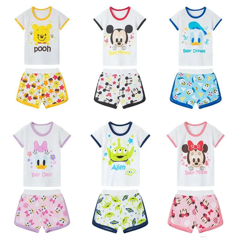 

Шорты A-Level из дышащего хлопка для мальчиков и девочек, летняя детская одежда с коротким рукавом и мультяшным принтом Микки Мауса и Эльзы, ком...