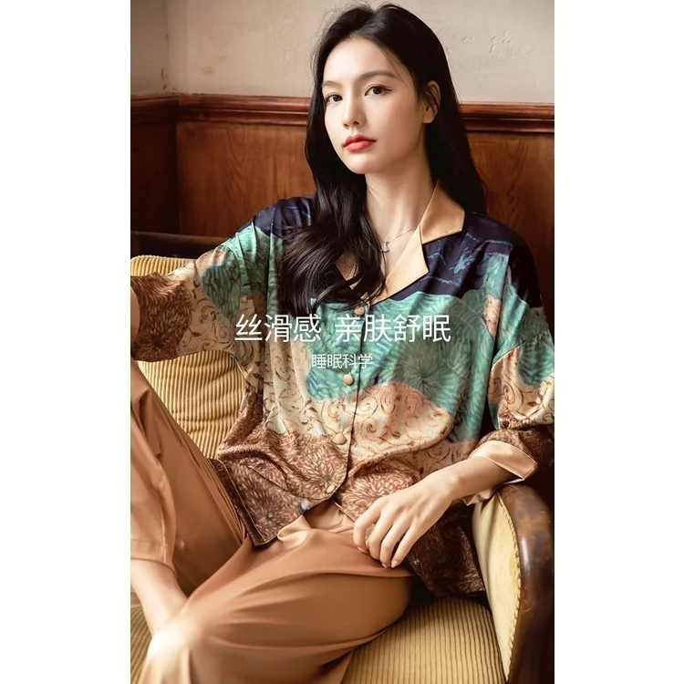Lisacmvpnel Ice Silk Printed Pajamas For Women Spring New 2023 Cardigan Long Sleeve Housewear Two-piece Set Pyjamas