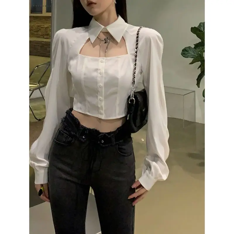 Deeptown White Cropped Women Blouses Sexy Y2k Corset Top Streetwear Elegant Female Puff Sleeve Shirts Korean Fashion Chic Kpop