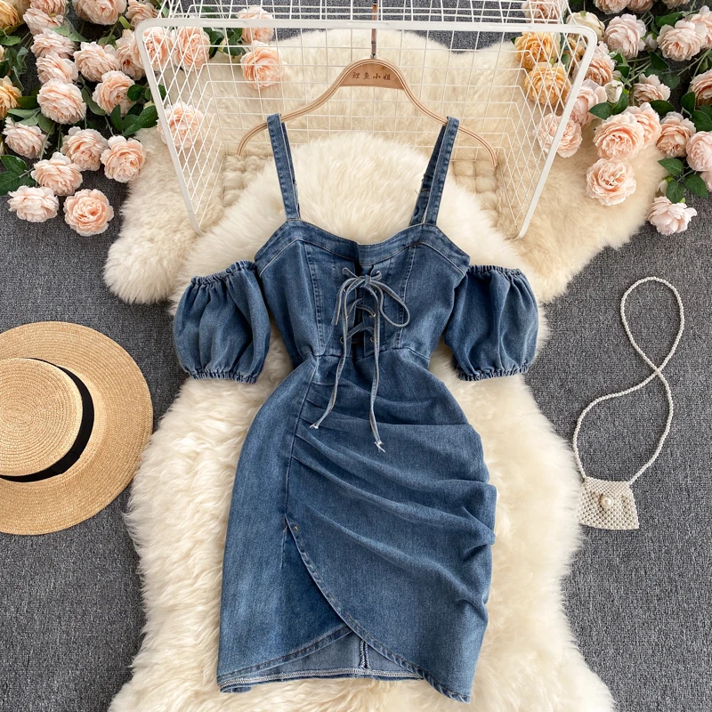 

Sexy Off-Shoulder Dress Summer Female Drape Slim Pleated Short Denim Slip Corset Dress