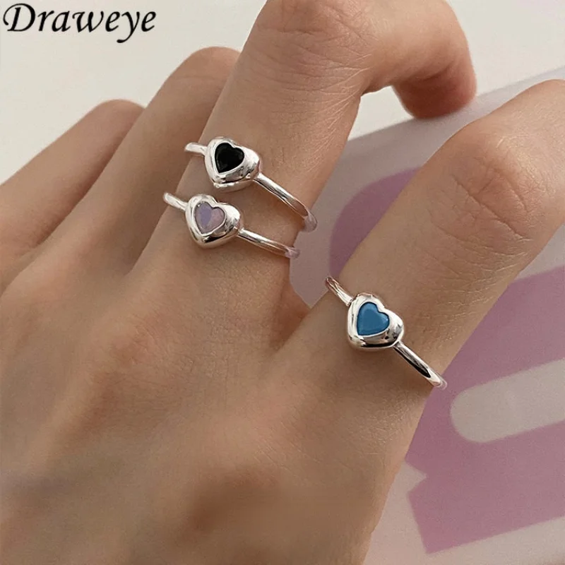 

Draweye Silver Heart Rings for Women Cute Sweet 3 Colors Index Finger Jewelry Y2k Fashion Anillos Mujer Adjustable Cuff Rings