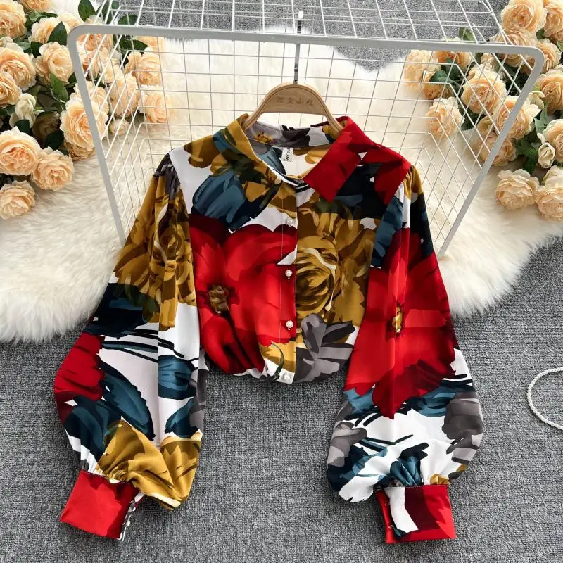 

VANOVICH French Style Vintage Print Temperament Lantern Sleeve Shirts Women's Autumn New Fashion Design POLO Collar Casual Shirt