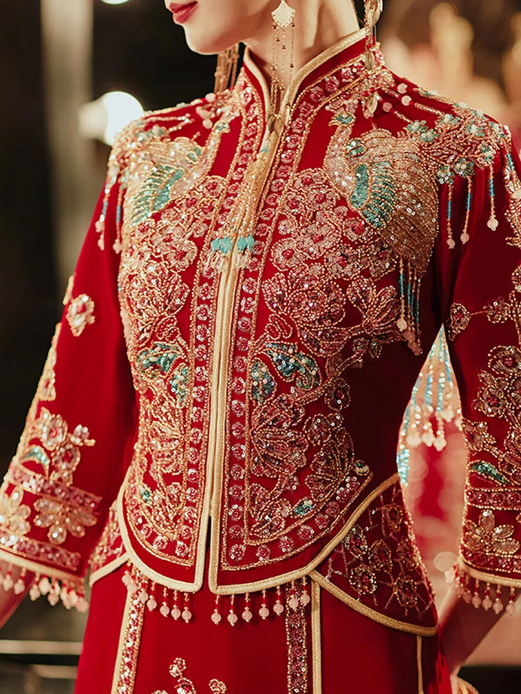 

Изысканные блестки вышивка бисером кисточка китайская парная Чонсам тостов одежда костюм свадебное платье