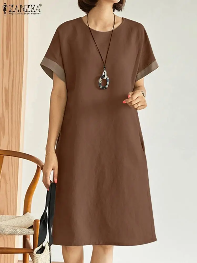 

Модные женские Повседневные Вечерние Сарафаны с коротким рукавом 2023 ZANZEA, летнее Элегантное Платье До Колена, женское платье в стиле пэчворк...