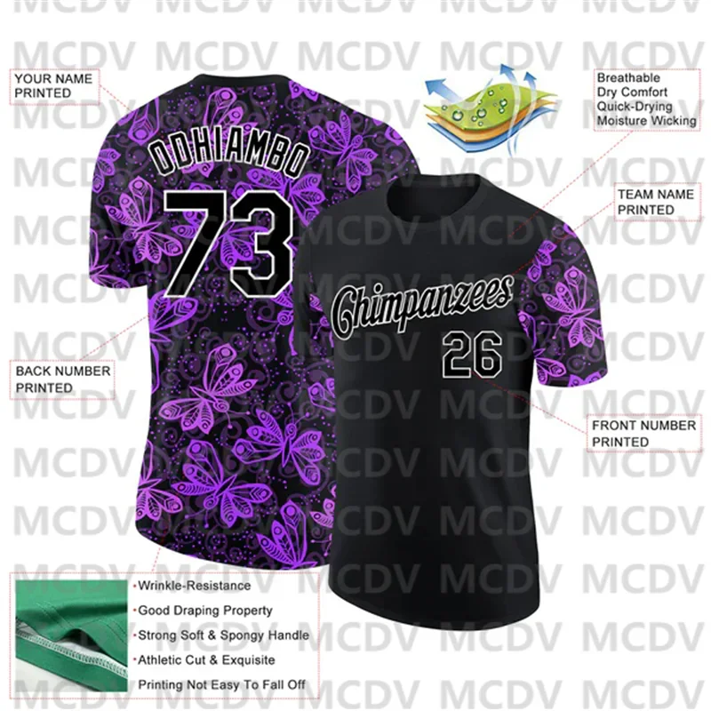 Футболка унисекс черная темно-розово-белая с 3d-рисунком бабочки