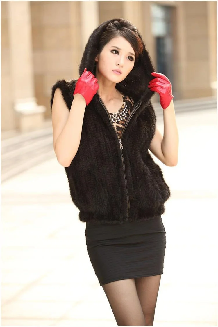 

real genuine natural New Knitted Mink Fur vest with hood Women's Winter Warm knit Jacket gilet closed with zip