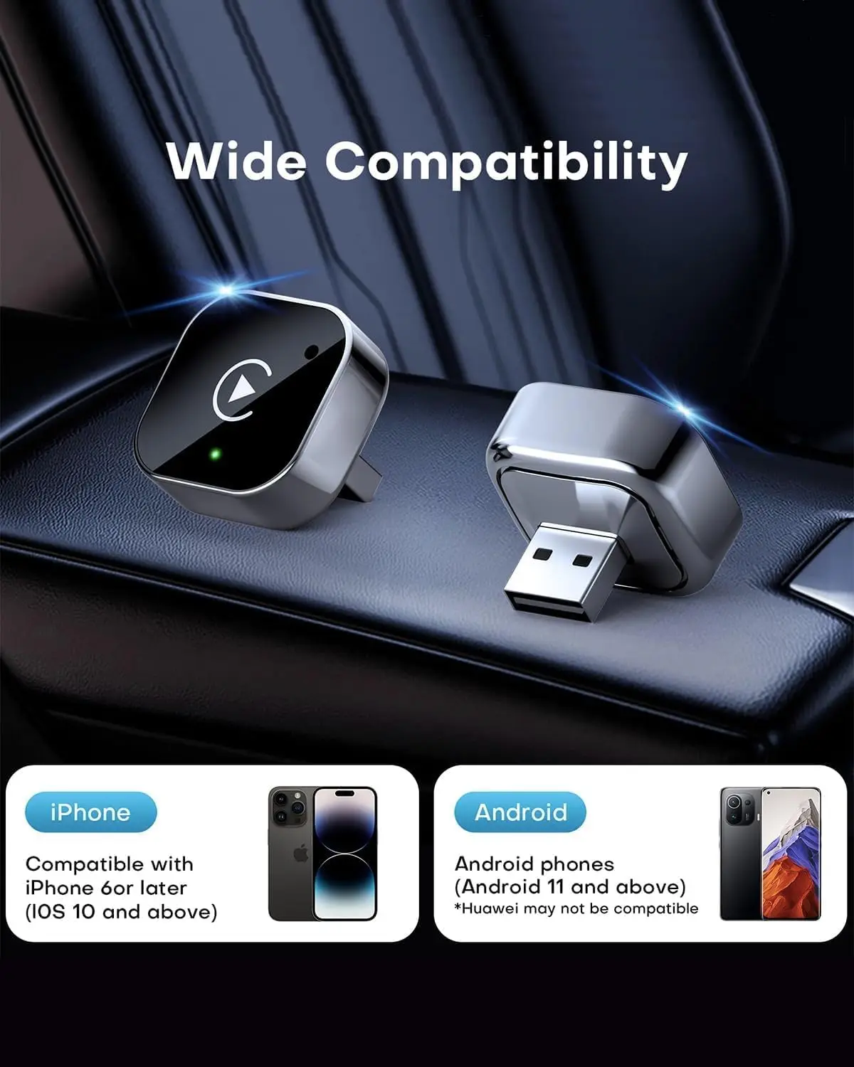 Фото Адаптер 2-в-1 для беспроводного CarPlay и Android Auto, ультракомпактный донгл, преобразующий проводное подключение в беспроводное, с поддержкой WiFi 6 и Bluetooth 5.4 №3